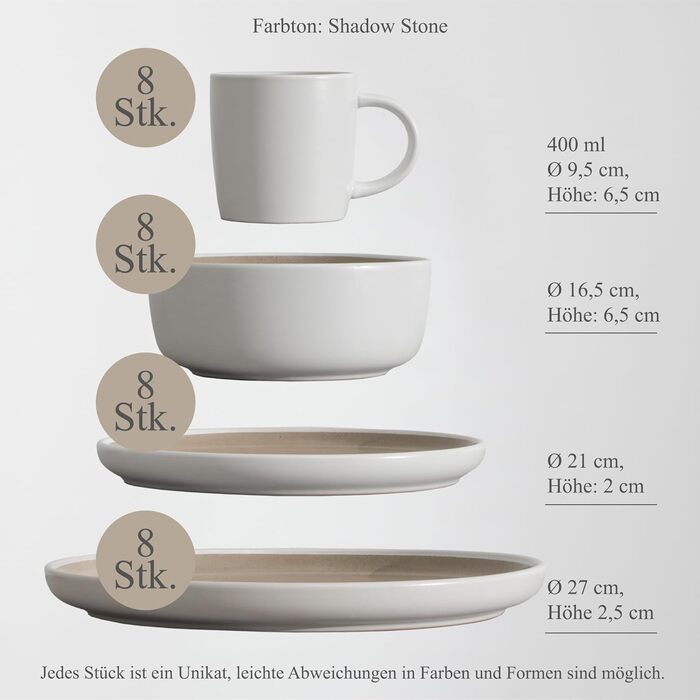 Сервіз Hausfelder для 8 осіб (32 елементи) з каменю Shadow Stone – тарілки, миски, чашки. Сервіз з кераміки, стійкий до миття в посудомийній машині