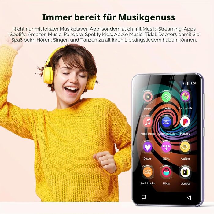 MP3-плеєр innioasis 160GB з Bluetooth та WiFi, Android MP4 плеєр з сенсорним екраном 4', підтримка Spotify, Amazon Music та Audible, фіолетовий, для дітей