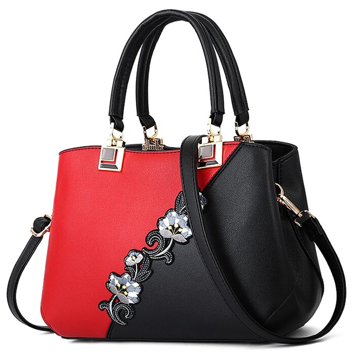 Сумка жіноча DIRRONA велика – сумка через плече та шопер з квітковою вишивкою та помпонами, червона. Для роботи, відпочинку, подорожей, офісу, вечірок та весіль