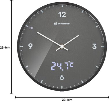 Bresser MyTime Radio-Controlled Wall Clock with Silent Movement, 24 cm Dial, LED Second Display, Indoor Temperature and Silent Radio Clock Movement, Grey