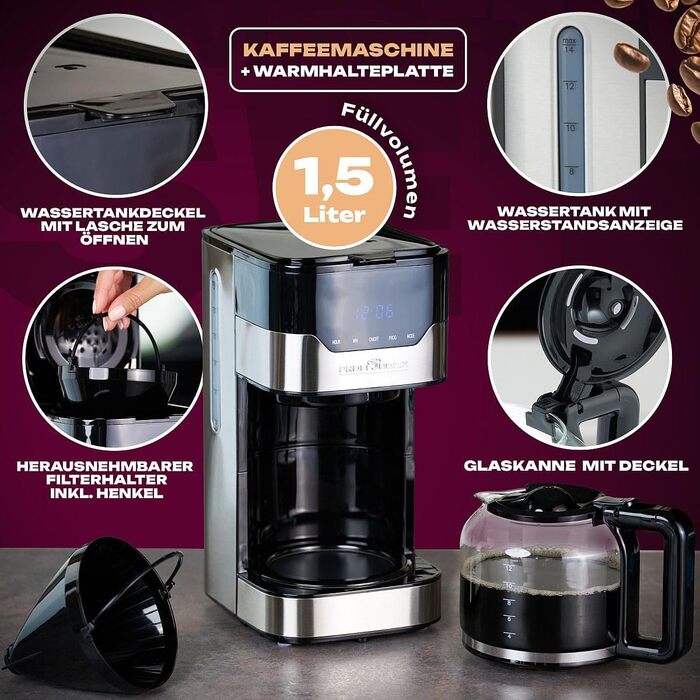Кавоварка Profi Cook PC-KA 1169 Inox, фільтраційна, на 12-14 чашок, з сенсорним керуванням, 3 електричні режими аромату, корпус із нержавіючої сталі, фільтр, для меленої кави