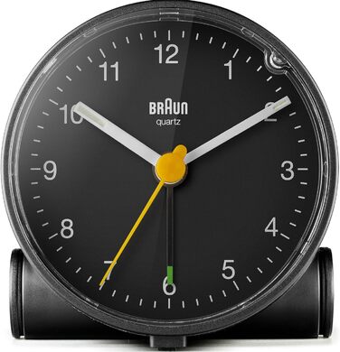 Braun Classic Analog Alarm Clock with Snooze Function and Light, Silent Quartz Movement, Crescendo Alarm in Black, Model BC01B.