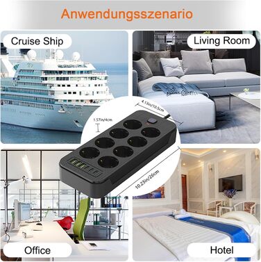 Мережевий фільтр AOUOO 8 розеток з вимикачем, 2м кабель, 3USB/3Type-c (5V/3.1A), 250V/16A, захист від перенапруги 3840W, чорний