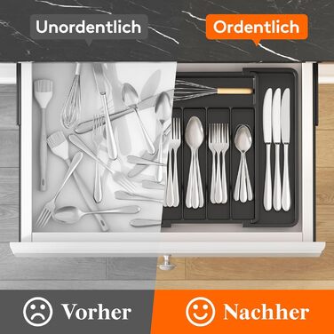 Органайзер для столових приладів Lifewit в шухляду, регульований, пластиковий, 33-57 см, глибина 38 см, чорний