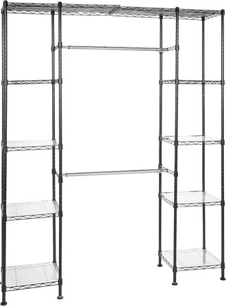 Amazon Basics Extendable Open Closet with 10 Height-Adjustable Shelves - Maximum Weight 521 kg, Black, 144.8 - 203.2 x 35.6 x 182.9 cm