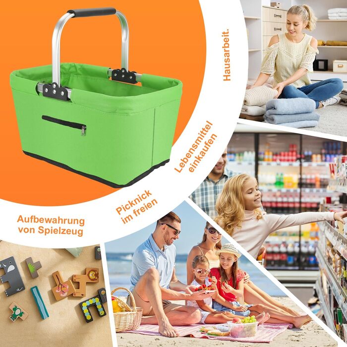 Складаний кошик для покупок 25L з м'якими ручками та кишенею на блискавці, зелений