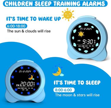 SENXINGYAN Kids Alarm Clock, Alarm Clock for Children with Sun & Moon LED Display, Day & Date Display, Sleep Trainer for Kids with Night Light & Sleep Sounds, Cute Alarm Clock for Kids Room