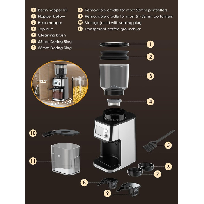 Електрична кавомолка Homtone для еспресо та френч-прес, 51 ступінь помолу, нержавіюча сталь, LCD-дисплей, 165W