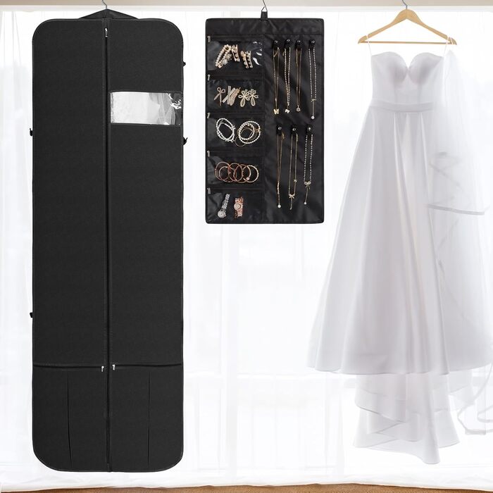 Univivi Garment Bag Long 182cm, Bridal Gown Garment Bag with Shoe Compartment, Garment Bags with 4 Zipper Pockets, Foldable Waterproof Garment Bag Travel for Evening Dresses - Beige (182cm / Black Includes 1 Accessory Pouch)