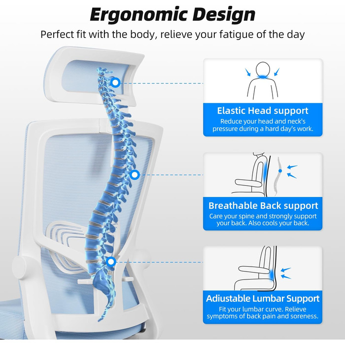 Ергономічне крісло Daccormax для офісу: регульована підголовник, підлокітники, підтримка попереку, поворотний механізм, функція гойдання, дихаюча сітка, для спини, до 150 кг (Блакитний)