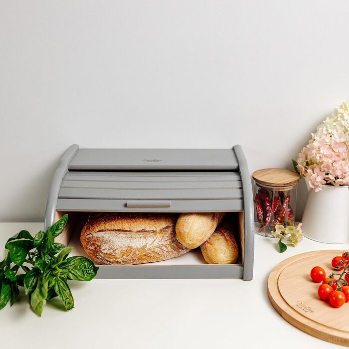 Дерев'яний хлібний ящик Creative Home | 38 x 28,5 x 17,5 см | Для хліба, булок, випічки | З відкидним кришкою | Натуральний хлібний контейнер для кухні (Сірий)