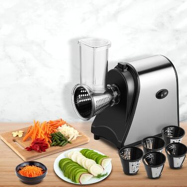 Електричний овочевий слайсер COOCHEER з нержавіючої сталі, 250W. Багатофункціональний подрібнювач з 5 лезами для овочів, сиру, картоплі, моркви, цибулі. Чорний.