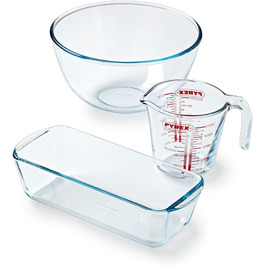 Pyrex 3-Piece Baking Set – 1 x 0.5 L Measuring Cup + 1 x 2 L Mixing Bowl + Cake Pan – Borosilicate Glass – Scratch-Resistant
