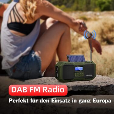 Портативне радіо Libovgogo DF-588D DAB+ FM з Bluetooth, водонепроникний динамік, радіо з ручкою, сонячна панель, Powerbank 4000mAh, ліхтарик, стробоскоп, нічник, будильник, SOS