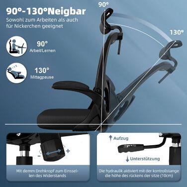 Офісний крісло з підголівником та підтримкою попереку, ергономічне, з регулюванням нахилу до 130°, з відкидними підлокітниками, поворотне, чорне, модель Ⅰ, до 150 кг