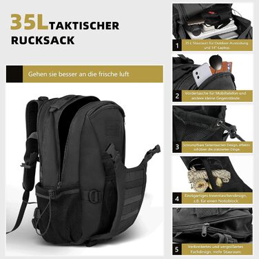 Zavothy 35/45L Military Backpack Men Women, Tactical Backpack, Trekking Backpacks, Outdoor Backpacks, Hiking Backpacks, for Camping, Mountaineering, Gymnastics Training, Shopping, City Trips, Cycling (Black-35l)