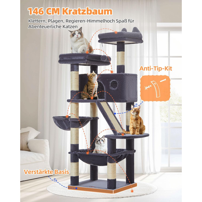 Дерев'яний комплекс для котів Taoqimiao MS026W (темно-сірий, 146 см) з будиночками, гамаком та 8 стовпчиками для шліфування кігтів