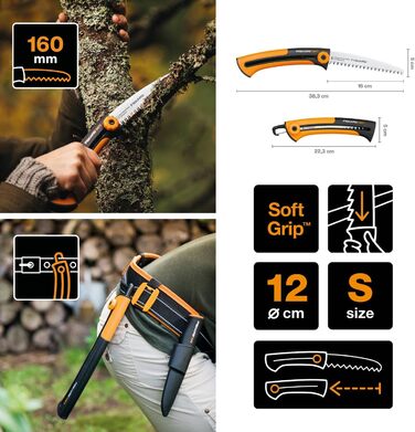Ручна пила Fiskars Xtract SW73 для свіжої деревини, грубе зубцювання, довжина полотна 16 см, висувна, нержавіюча сталь, чорна/помаранчева, загальна довжина 35 см, модель 1000613