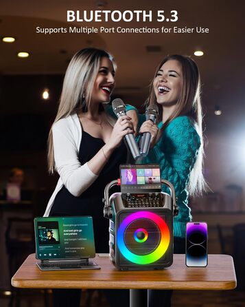 Портативна караоке-машина з 2 мікрофонами та LED-підсвіткою, Bluetooth, AUX, USB, TF, TWS, для вечірок та подарунків (дорослим та дітям)
