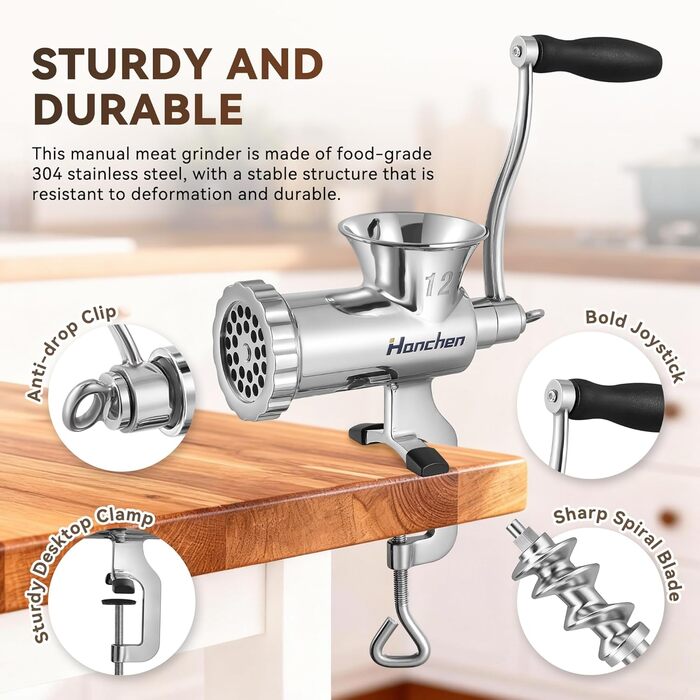 М'ясорубка ручна Hanchen з нержавіючої сталі з присоскою, насадка для ковбас, 2 диски, подрібнювач овочів - професійна