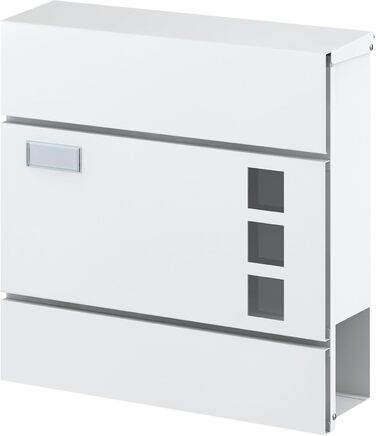 Поштова скринька BASI з м'яким закриттям, вікном для листівок та табличкою для імені | DIN A4 | 2 ключі | вбудований відсік для газет | Біла настінна поштова скринька