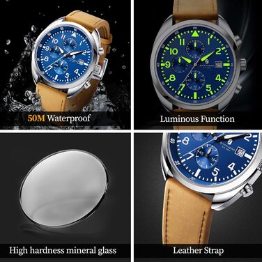 Годинник чоловічий SAPPHERO кварцові з шкіряним ремінцем. Класичний бізнес-годинник з хронографом, водостійкий (50 м), синій циферблат, арабські цифри.