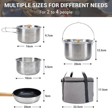 Набір посуду для кемпінгу KingCamp: нержавіюча сталь 304, для багаття, котелень, каструль, сковорода та чайник з сумкою, для кемпінгу, відпочинку на природі, кухні, приготування їжі, пікніків на 4-6 осіб, срібний набір посуду