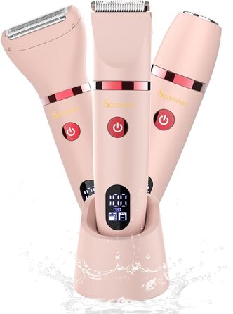 Електричний жіночий триммер 3-в-1 для обличчя, тіла та зони бікіні. Вологостійкий, з LCD-дисплеєм, рожевий