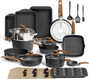 Набір каструль та сковорідок DishDelight 30 предметів з антипригарним покриттям, гранітне покриття, з кришками, зелений (чорний)