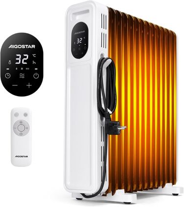 Електричний масляний радіатор Aigostar Snug 2500W з пультом керування, 13 ребер, термостат, таймер, LED-дисплей, захист від перекидання та перегріву