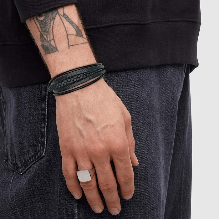 Чоловічий шкіряний браслет Casisto.J з нержавіючою сталлю та гравіюванням, чорний, плетений, з магнітною застібкою (22 см)