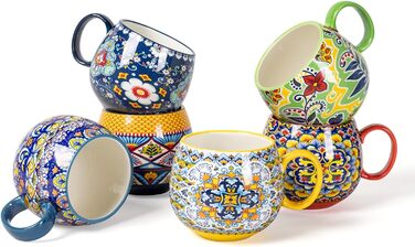 HENXFEN Cappuccino Cup Set, 600ml Porcelain Coffee Cups with Handle, Set of 6 Porcelain Cups for Tea, Coffee, Milk, Cappuccino with Pattern and Colorful - Bohemian Style