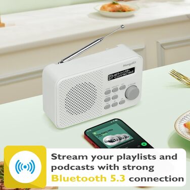 MD5 Стерео Радіо DAB з Bluetooth 5.3 та 2.4' Кольоровим Дисплеєм, Портативне Цифрове Радіо UKW, 2.0 Стереозвук, 40 Пам'ять, Будильник, Повторний Будильник & Сон, USB-C Живлення (Від Мережі або від Батареї) (Колір: Горіх, Моно Кам'яне Сіре)