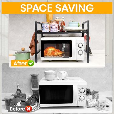 Регульована полиця для мікрохвильової печі, 2-ярусна, розширювана полиця для кухні з вуглецевої сталі з 8 гачками, підставка для кухонного приладдя, стійка для мікрохвильової печі та органайзер для кухні