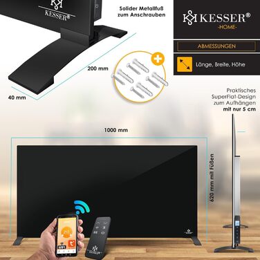 Інфрачервовий обігрівач KESSER 600W з функцією 2в1: підлоговий та настінний. Енергозберігаючий склокерамічний обігрівач з термостатом, пультом дистанційного керування та керуванням через додаток. Чорний колір.