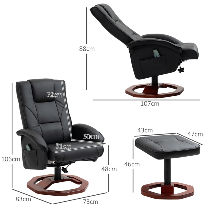 HOMCOM Massage Recliner with Footrest, 360° Swivel, Reclining Chair with Artificial Leather Upholstery, 73 x 83 x 106 cm for Relaxation