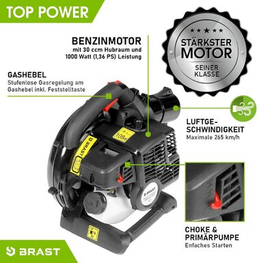 BRAST® Leaf Blower/Vacuum - Gas Powered 1.0kW (1.36HP) | 55L Collection Bag | Includes 2 Blow Pipes, Shoulder Strap & Anti-Vibration Handle | 4-in-1 Function | Blowing Speed 73 m/s