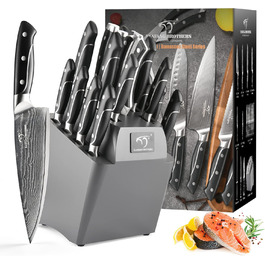 NANFANG BROTHERS 18-Piece Damascus Kitchen Knife Set with Hammered Handles & Wood Block - Premium Sharp Steel Blades
