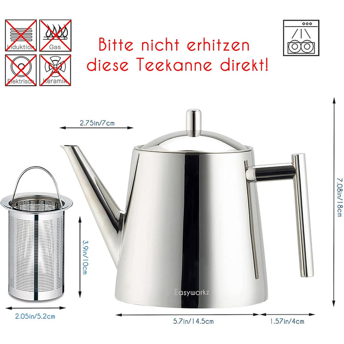 Easyworkz Teapot with Infuser, Stainless Steel, Tea Maker for All Fruits, Herbs, and Infusion Tea (1000ml)