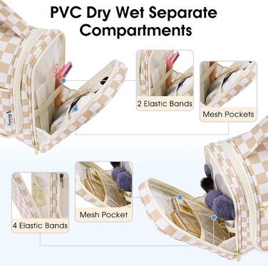 Сумка для туалетних аксесуарів для жінок та чоловіків, накидна, косметичка (блакитне листя, світло-коричнева сітка)