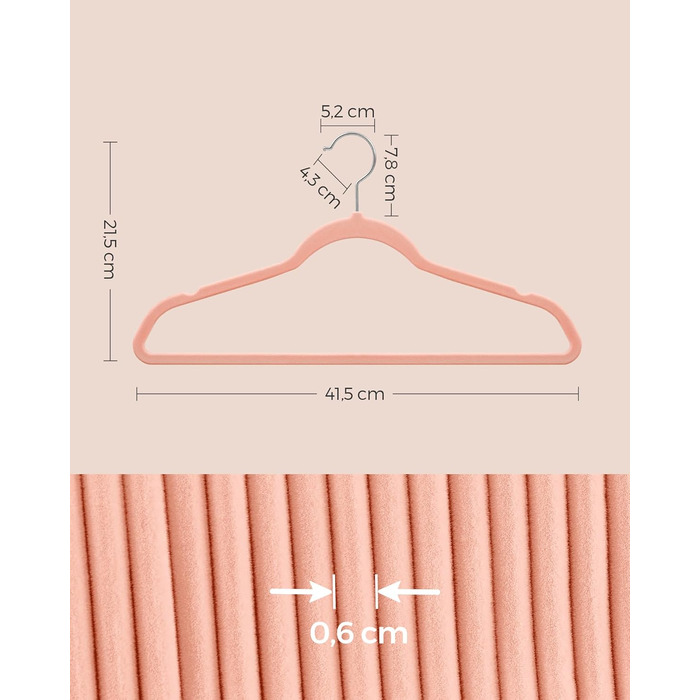 Набір вешалок SONGMICS для одягу, 20 шт., велюрова поверхня, для сорочок, жакеток, пальто та костюмів, 41.5 см, рожевий, CRF026R20