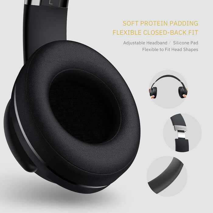 Навушники Bluetooth DOQAUS Over-Ear, 90 годин роботи, бездротові, з 3 EQ-режимами, HiFi стерео, складні, з мікрофоном, м'які амбушюри, для телефонів/подорожей/офісу/ноутбуків/ПК - Чорний