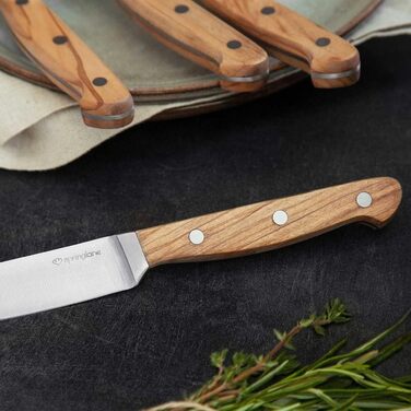 SPRINGLANE Steak Knife Set, 4 Pieces with Elegant Olive Wood Handles, Cutlery Set with Wooden Handles, 12.5 cm Blade Length Made of German Steel, including Gift Box