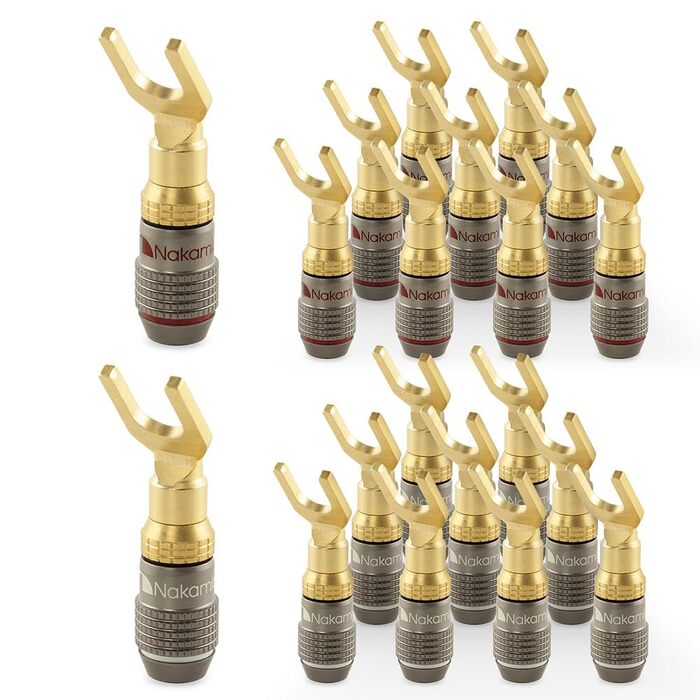 Розгалужувач акустичного кабелю Nakamichi FanLock Excel-Serie, Y-подібний конектор 24K золоте напилення, для Hi-Fi стерео та домашнього кінотеатру (10 AWG – 18 AWG, 4мм), 20 шт (10 пар)