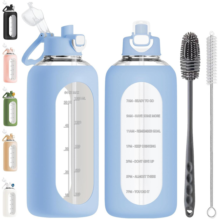 2 Liter Glass Water Bottle, 2L Glass Bottle, Glass Water Bottle with Straw, Bottle Brush (Blue)