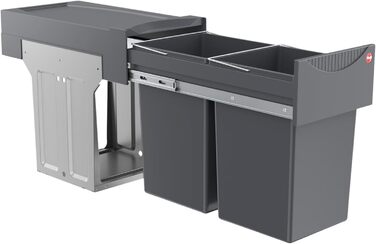 Вбудований контейнер для сміття Hailo Tandem 3666101 – система сортування сміття, 2х15л, повний висув, телескопічні направляючі, для кухонних шаф від 30 см, темно-сірий