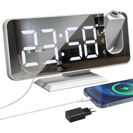 Exmate Projection Alarm Clock, Digital Alarm Clock with Projection, USB Charging Port, 7.5'' Large Mirror-LED Display, Snooze Dual-Alarm, Adjustable Brightness (White with Adapter)