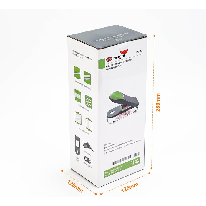 Ibergrif M521 – Мультифункціональний подрібнювач овочів 6-в-1, 1200 мл, чорно-зелений
