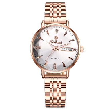 Жіночий годинник JewelryWe Rosegold: аналоговий кварцовий годинник зі сталевим браслетом, водонепроникність 30м, календар, підсвічування стрілок та гранійним склом (Рожеве золото - Білий)