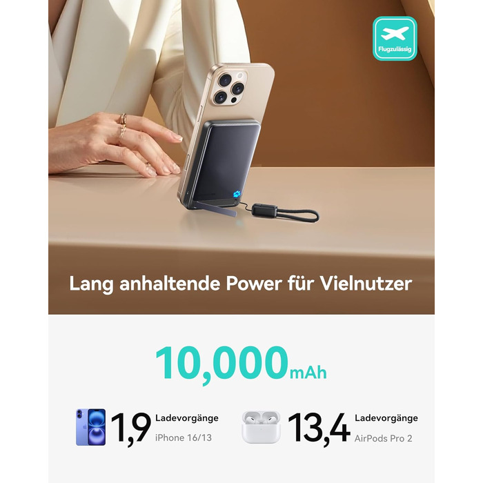 Power Bank MagSafe 45W з підтримкою Qi2, 10000mAh, з кабелем USB-C та підставкою, сумісний з iPhone 17/16/15/14/13